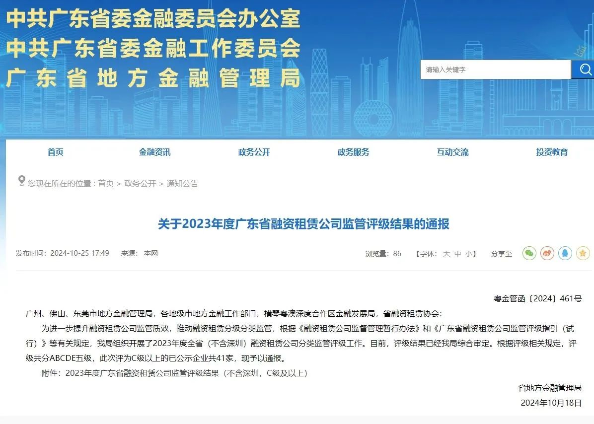 省地方金融管理局通报2023年度广东省融资租赁公司监管评级结果